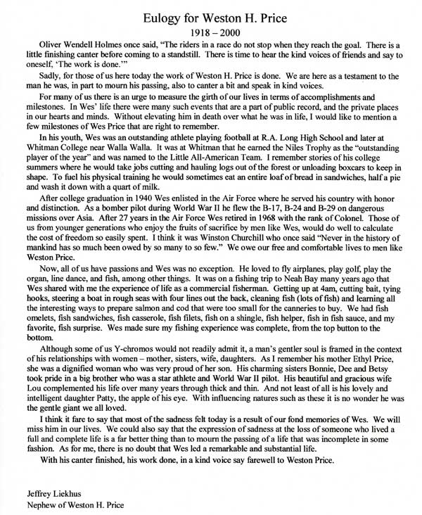 Eulogy for Weston Price